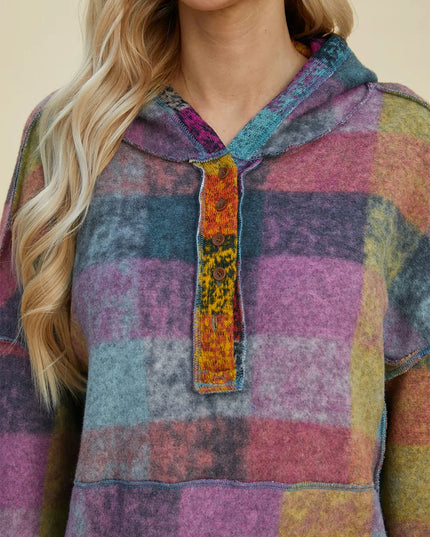 Double Take Full Size Plaid Dropped Shoulder Fleece Hoodie