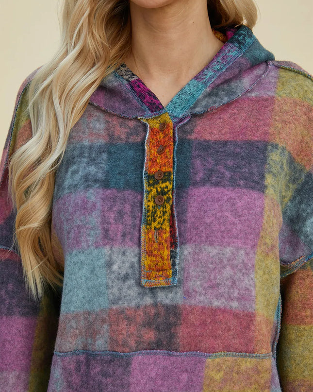 Double Take Full Size Plaid Dropped Shoulder Fleece Hoodie