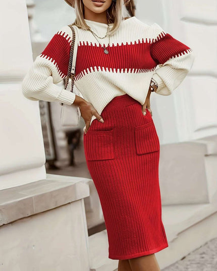 Two-Tone Ribbed Knit Top and Skirt Sweater Set