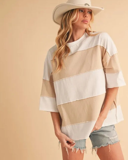 Aemi+Co Color Block Round Neck Short Sleeve T-Shirt WHITE OAT