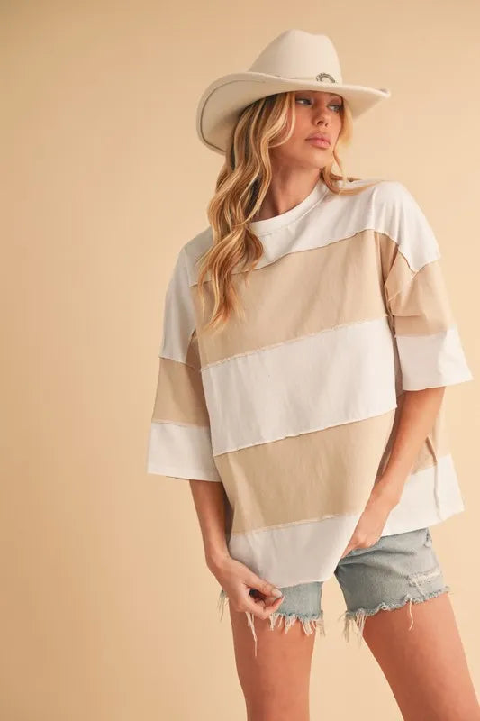 Aemi+Co Color Block Round Neck Short Sleeve T-Shirt WHITE OAT