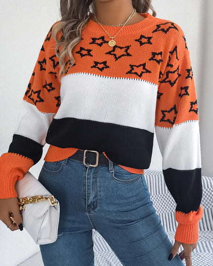 Star Contrast Round Neck Sweater