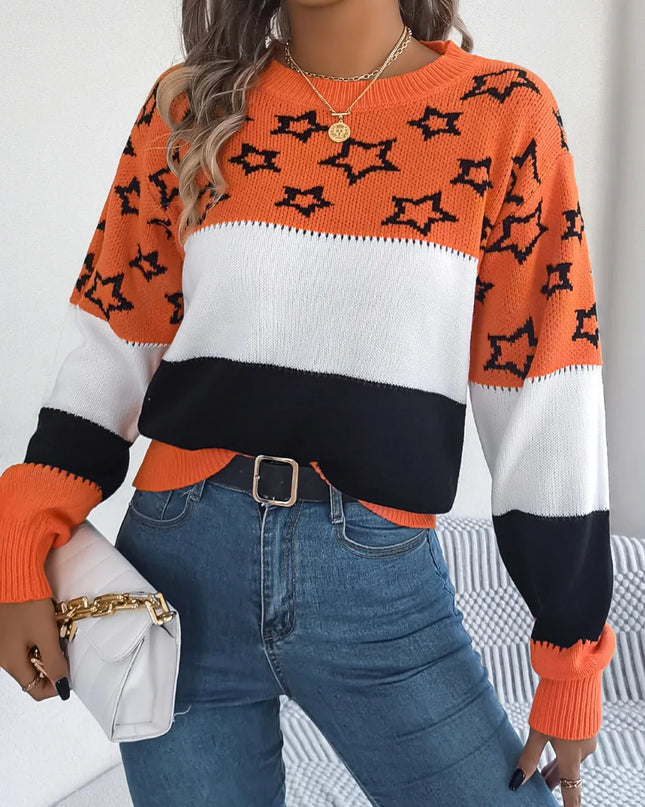 Star Contrast Round Neck Sweater
