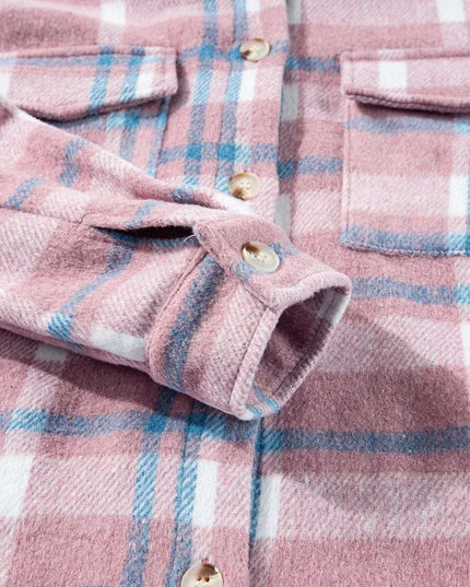 Plaid Collared Neck Flap Pockets Shacket
