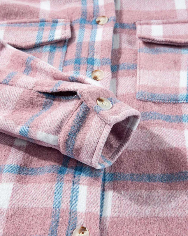 Plaid Collared Neck Flap Pockets Shacket