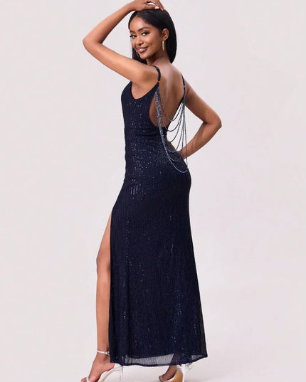 Split Sequin Backless Maxi Cami Dress