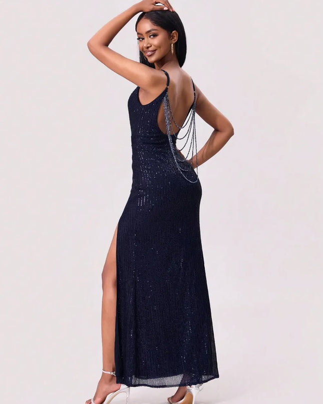Split Sequin Backless Maxi Cami Dress