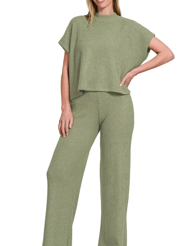 Zenana Sweater Boxy Top & Long Pants Set LT OLIVE