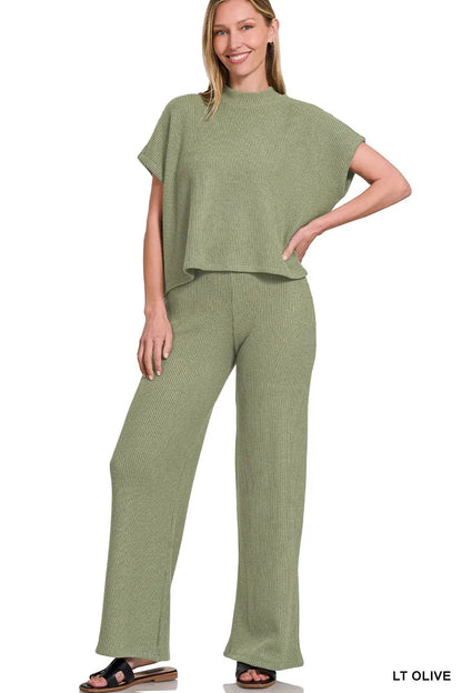 Zenana Sweater Boxy Top & Long Pants Set LT OLIVE