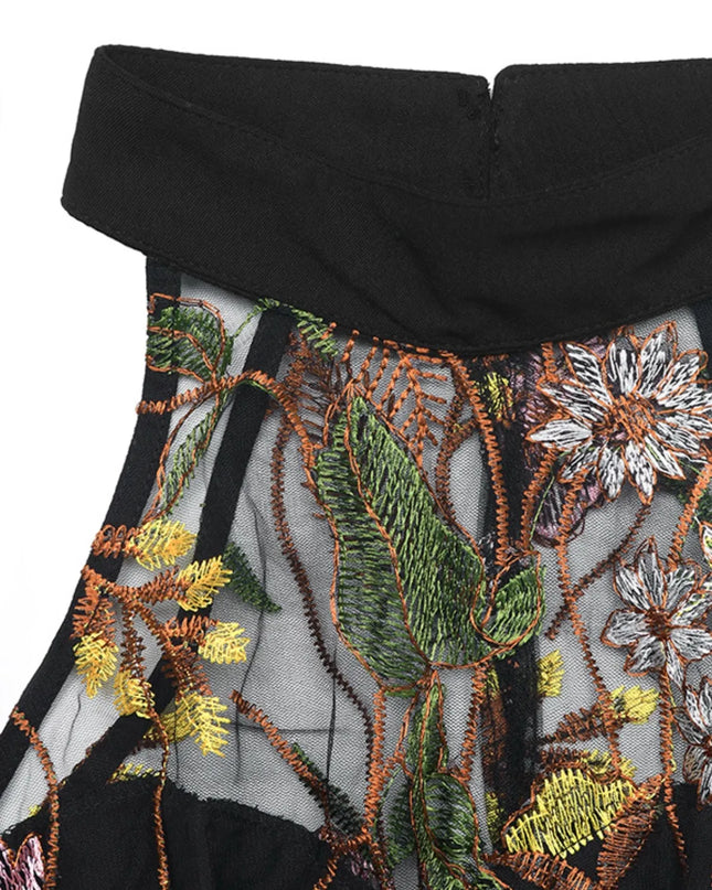 Floral Embroidered Halter Neck Pleated Jumpsuit