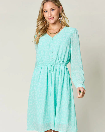 Double Take Full Size Printed Ruched V-Neck Long Sleeve Dress Light Green