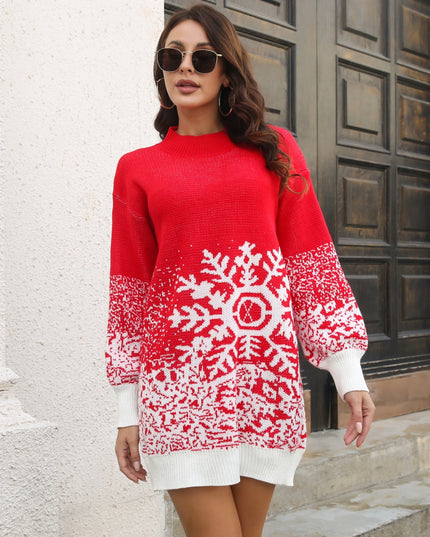 Snowflake Pattern Sweater Dress Red