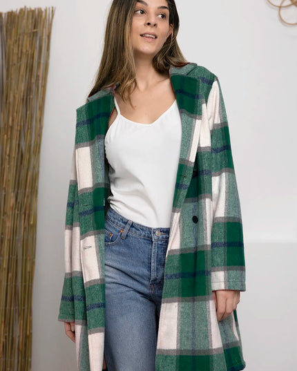 Double Take Full Size Plaid Button Up Lapel Collar Coat Green