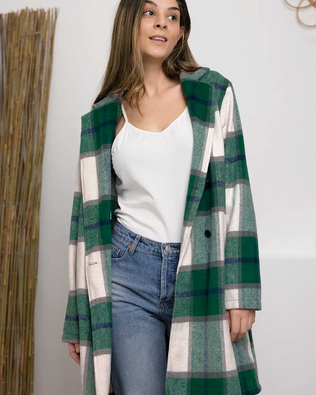 Double Take Full Size Plaid Button Up Lapel Collar Coat Green