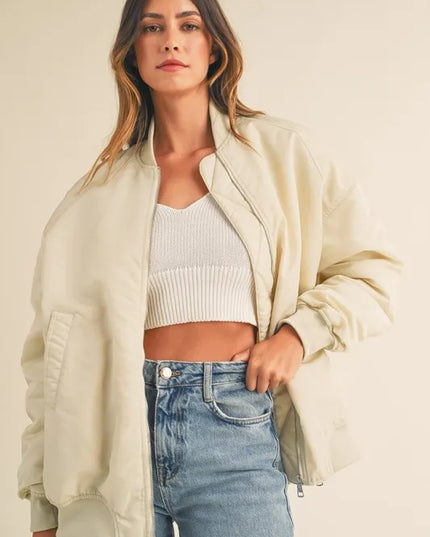 MABLE Back Ruched Utiltiy Bomber Jacket Ecru