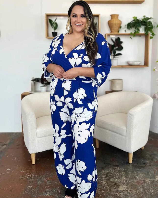 Double Take Full Size Printed Tie Back Wide Leg Jumpsuit