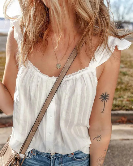 Lace Detail Ruffled Buttoned Loose Fit Tank Top
