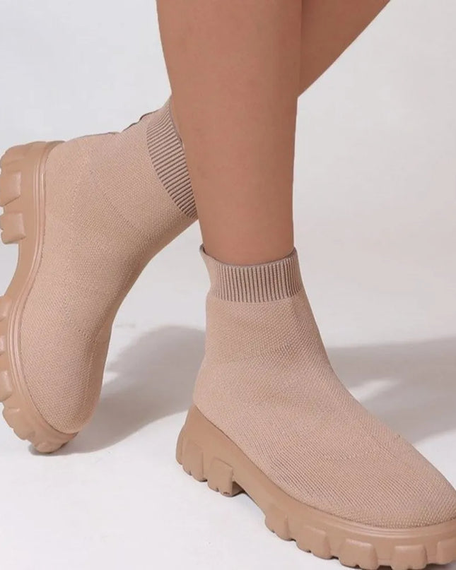 Mesh Round Toe Platform Boots Tan