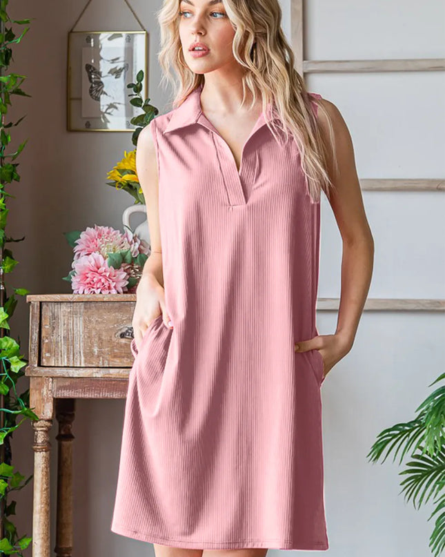 Heimish Full Size Ribbed Johnny Collar Sleeveless Dress