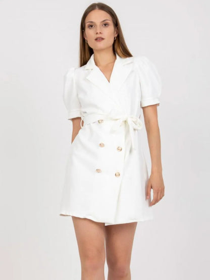 Tie Waist Short Sleeve Blazer Dress White