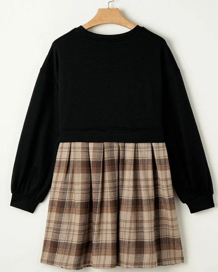 Plaid Round Neck Long Sleeve Mini Dress