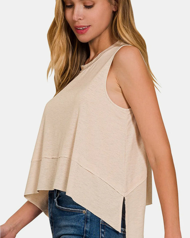 Zenana Exposed Seam Slit Round Neck Tank