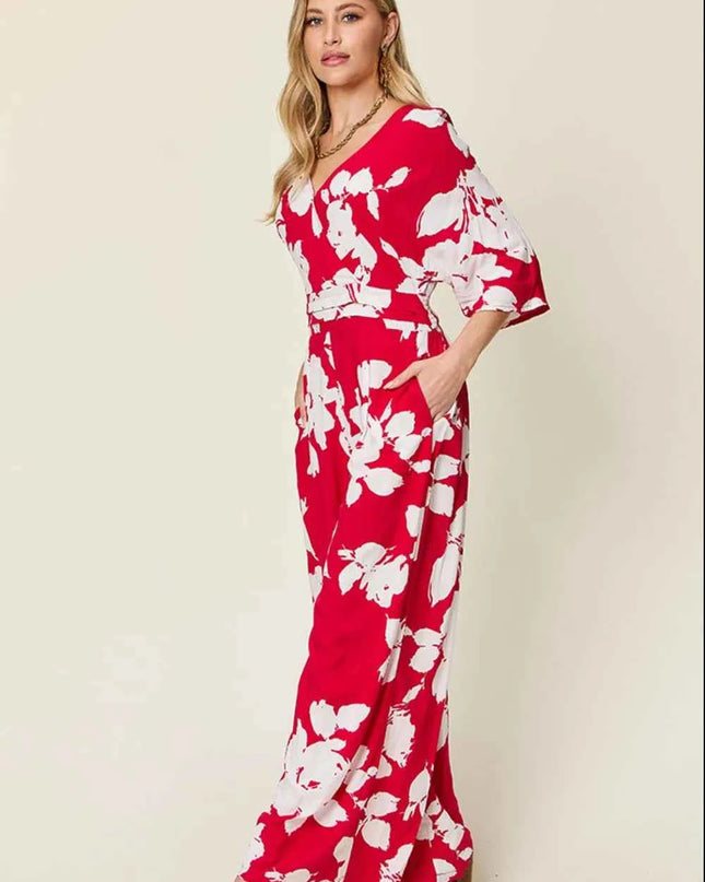 Double Take Full Size Printed Tie Back Wide Leg Jumpsuit