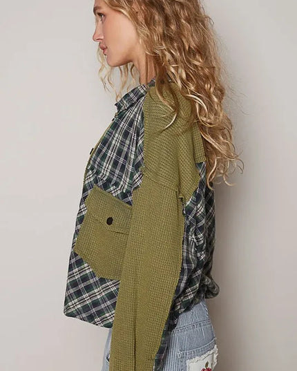 POL Plaid Button Down Shirt with Chest Pockets