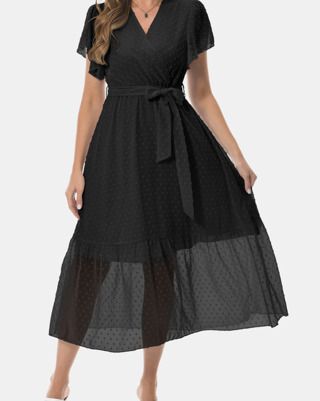 Surplice Neck Flutter Sleeve Tied Dress