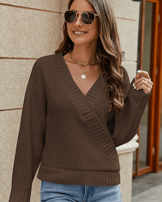 Surplice Neck Long Sleeve Sweater Brown