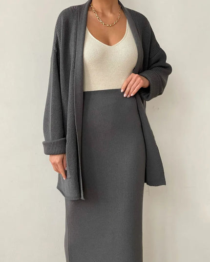 Pocketed Long Sleeve Cardigan and Skirt Sweater Set Dark Gray One Size