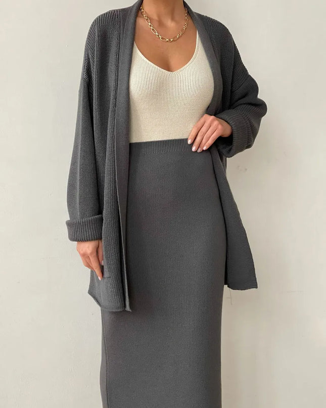 Pocketed Long Sleeve Cardigan and Skirt Sweater Set Dark Gray One Size