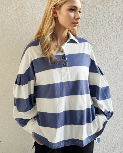 Oh Pima Cotton Wash Wide Striped Collared Neck Long Sleeve Top