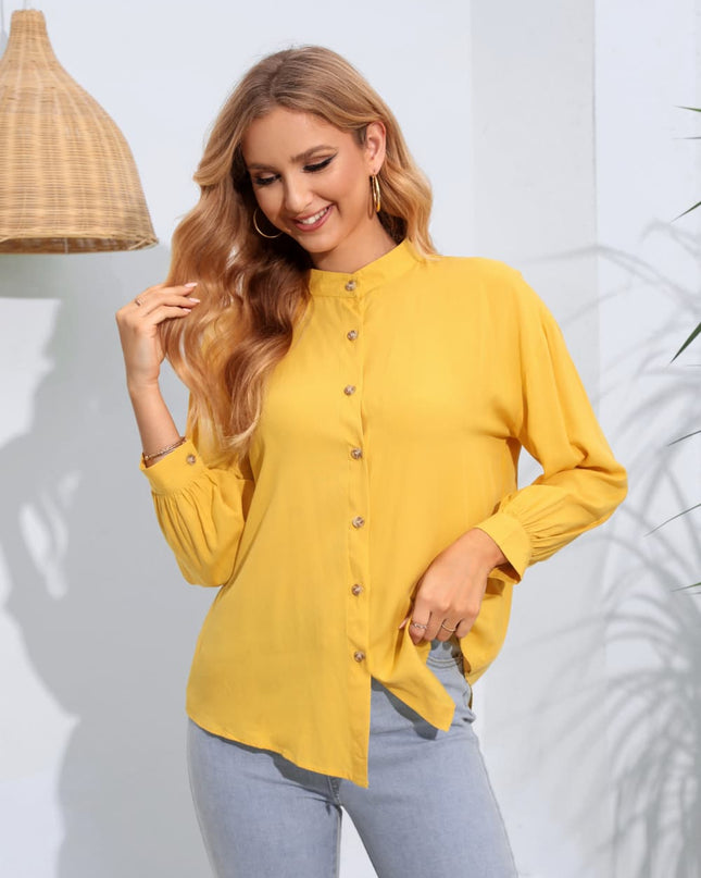Mock Neck Buttoned Long Sleeve Shirt Chartreuse