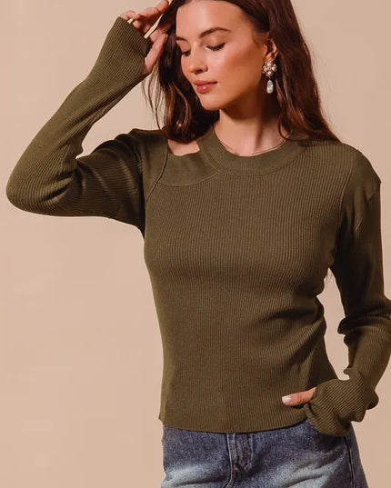 SO ME Rib Knit Top with Shoulder Cut Out