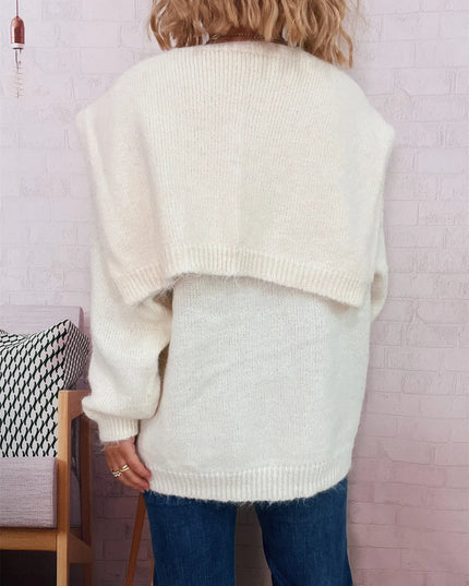 Ribbed Hem V-Neck Sweater with Shawl