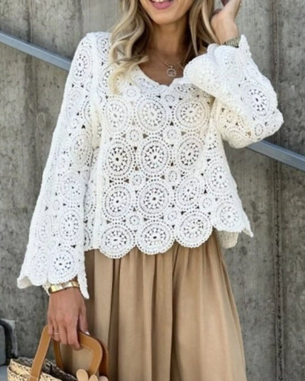 Crochet Lace V-Neck Bell Sleeve Knit Top