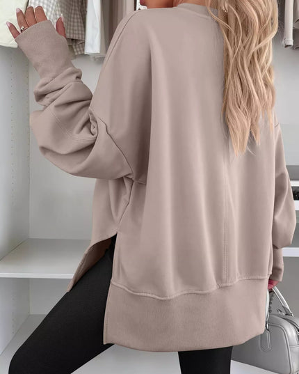 Side Slit Round Neck Long Sleeve Sweatshirt