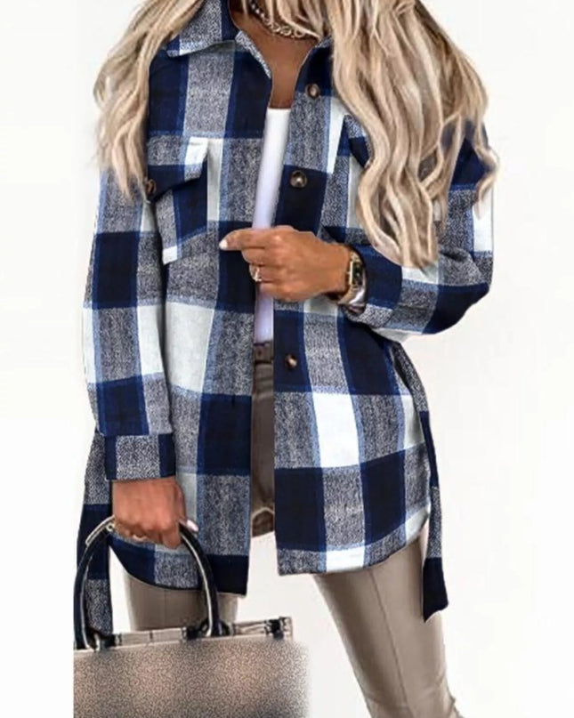Button Up Long Sleeve Plaid Outerwear Dark Blue