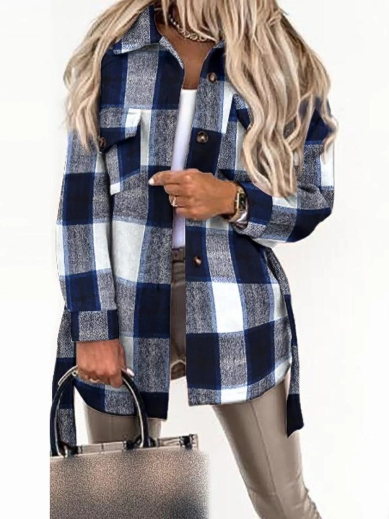Button Up Long Sleeve Plaid Outerwear Dark Blue