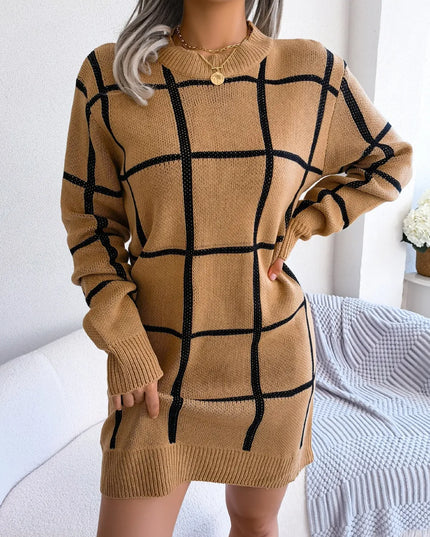 Plaid Round Neck Dropped Shoulder Sweater Dress
