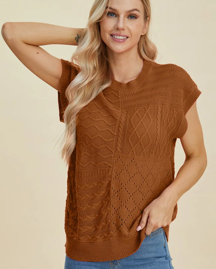 Double Take Full Size Cable-Knit Round Neck Cap Sleeve Sweater