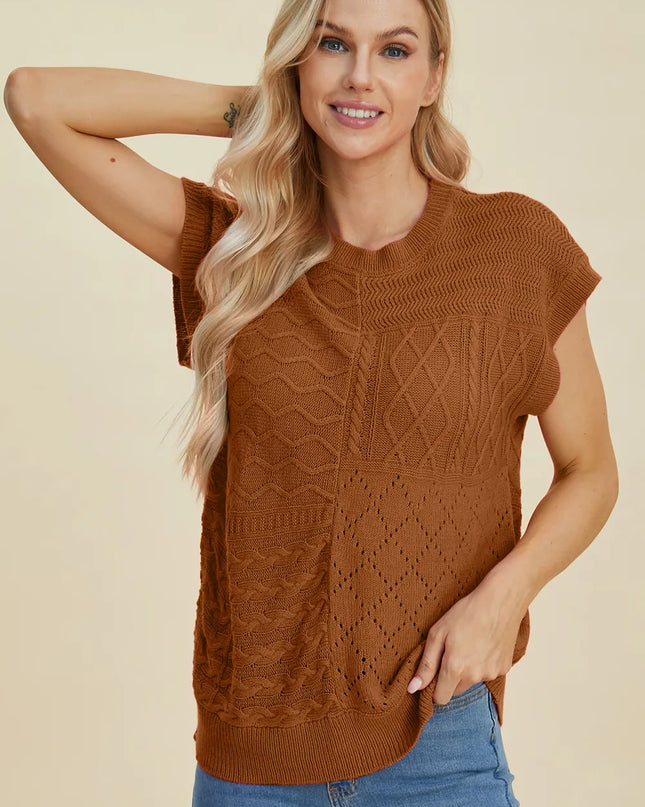 Double Take Full Size Cable-Knit Round Neck Cap Sleeve Sweater