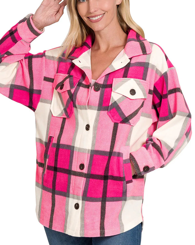 Zenana Oversized Plaid Fleece Shacket HOT PINK
