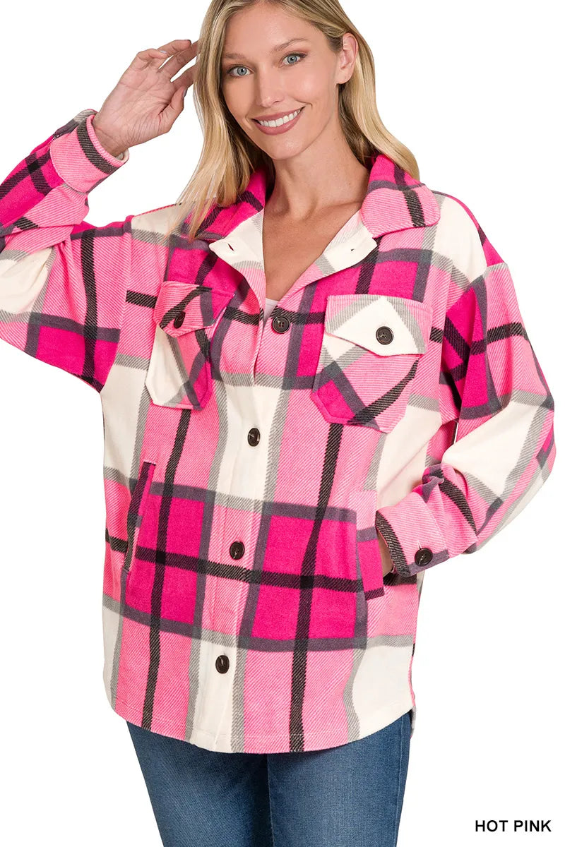 Zenana Oversized Plaid Fleece Shacket HOT PINK