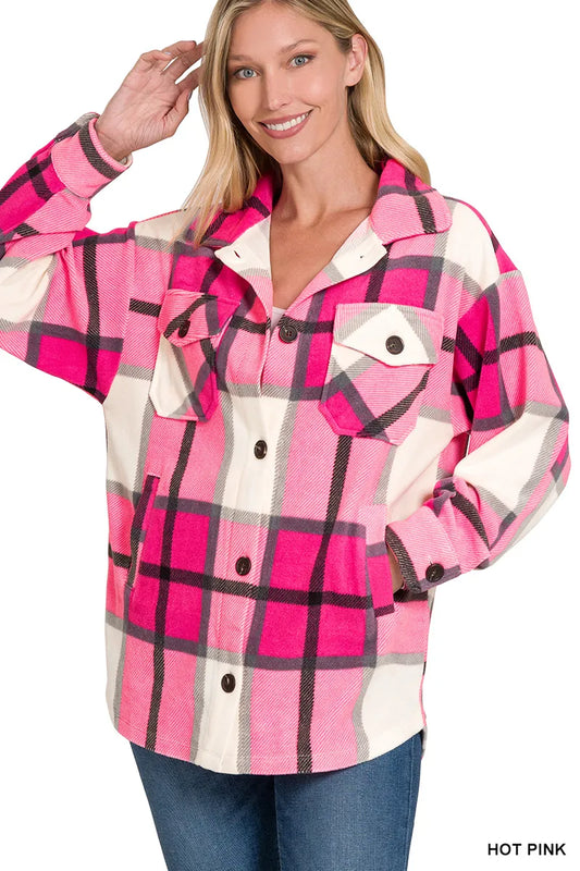 Zenana Oversized Plaid Fleece Shacket HOT PINK