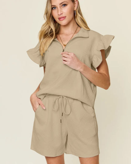 Double Take Full Size Texture Flounce Sleeve Top and Drawstring Shorts Set Khaki