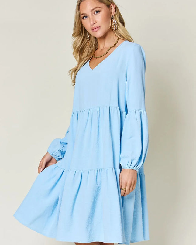 Double Take Full Size V-Neck Balloon Sleeve Tiered Dress with Pockets