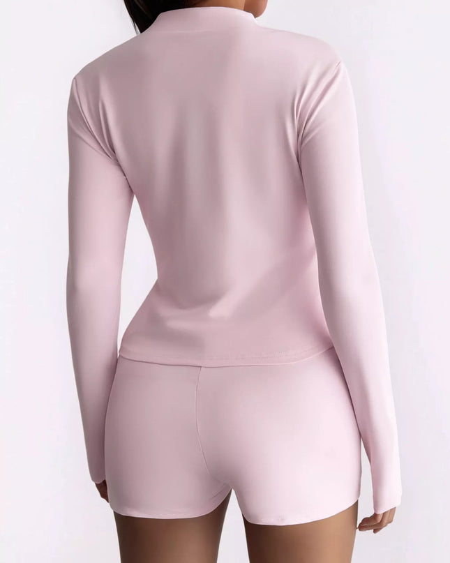 Zipper Front Long Sleeve Top and Shorts Active Set