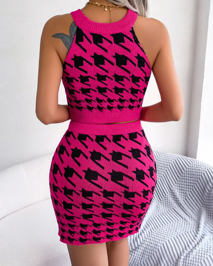 Houndstooth Sleeveless Top and Skirt Sweater Set